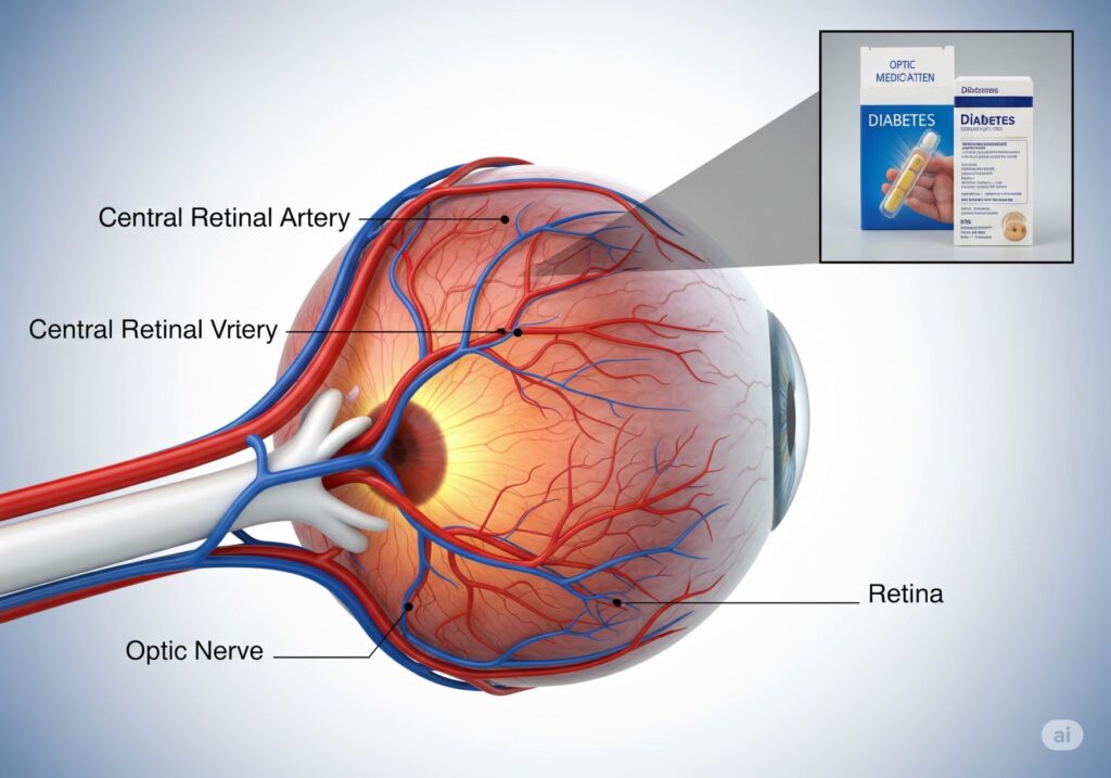 3d illustration of diabetes drugs optic nerve damage anatomy