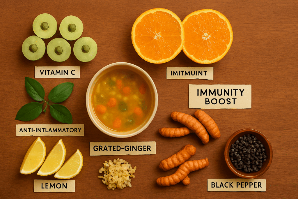 a platter of monsoon immunity boosting foods like amla, oranges, ginger, and soup
