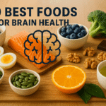 All 10 best foods for brain health arranged around brain icon