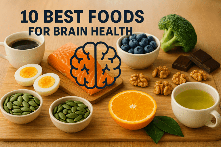 All 10 best foods for brain health arranged around brain icon