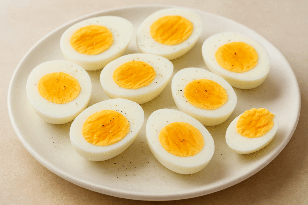 Boiled eggs on a white plate, best foods for brain health