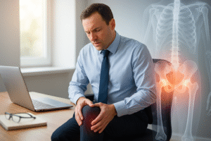 Desk job employee experiencing knee discomfort, highlighting bone and joint health awareness