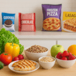Fresh vegetables, fruits, chicken, and whole grains on a kitchen table.