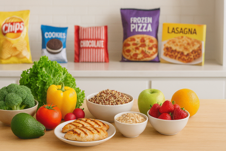 Fresh vegetables, fruits, chicken, and whole grains on a kitchen table.