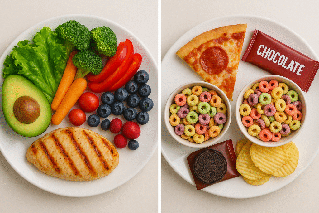 Two plates showing fresh food versus packaged snacks and frozen pizza(ultra-processed foods).