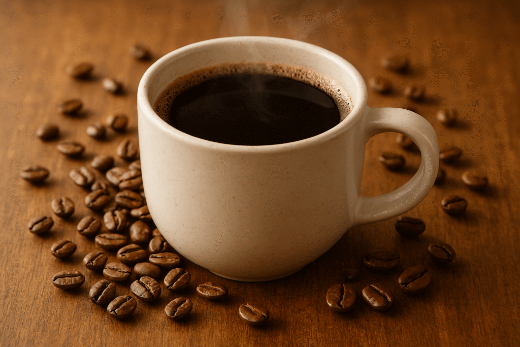 Cup of coffee with coffee beans, best foods for brain health