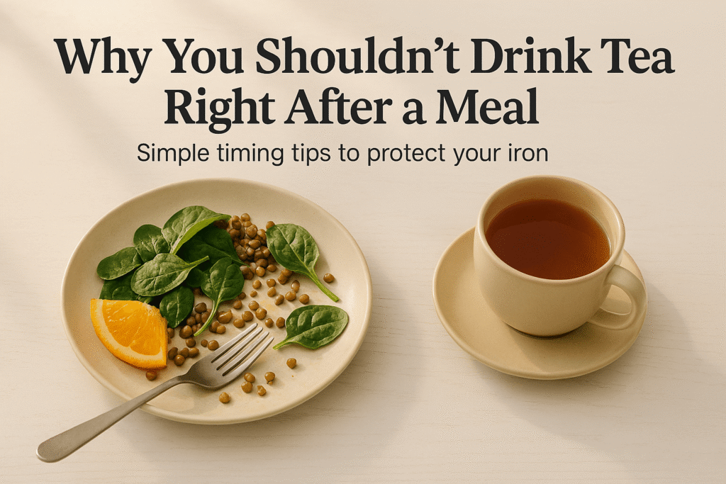 cup of tea beside a plate of salad with orange wedge