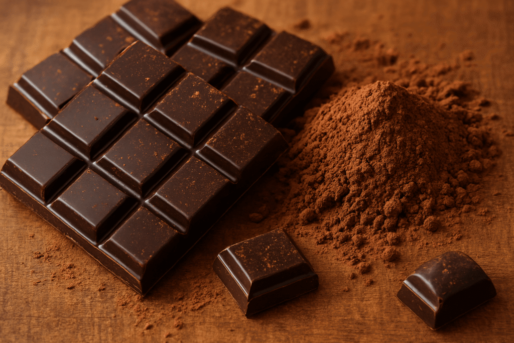 Dark chocolate bars on a rustic surface, best foods for brain health