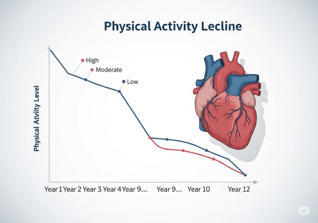 Decline in physical activity over years before heart attack