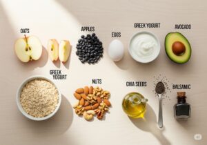 flat lay of 10 foods that mimic Ozempic for weight loss