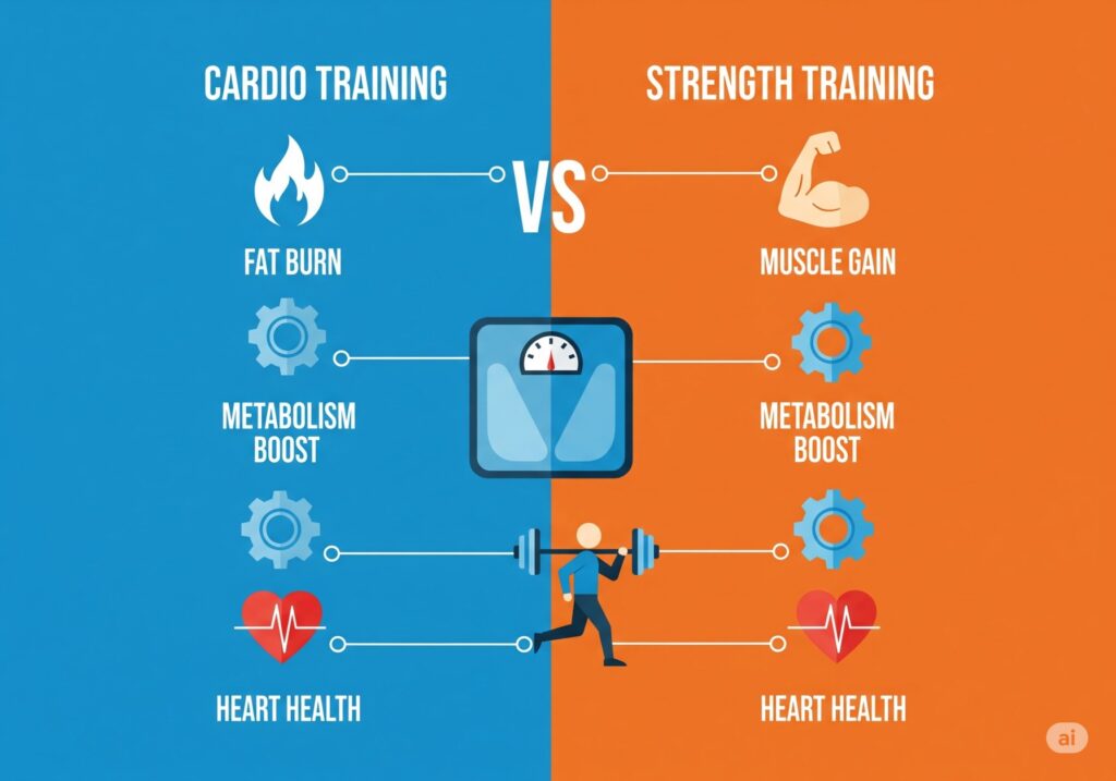 Infographic comparing benefits of cardio vs strength training for weight management