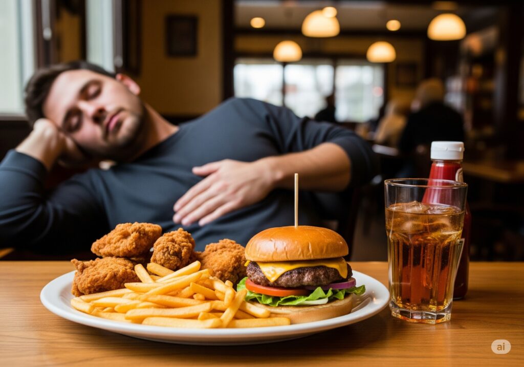 Man feeling drowsy after eating heavy fried foods that cause daytime sleepiness