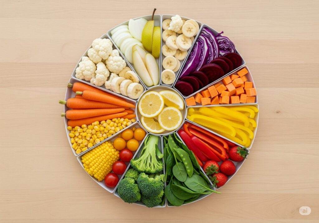 A balanced plate highlighting white-fleshed fruits and vegetables with colorful produce