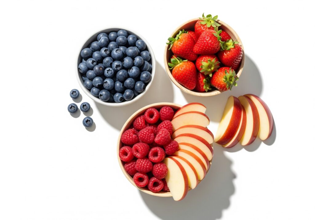 Fresh berries and apples arranged as kidney-friendly foods
