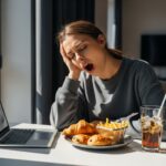 Tired woman at desk with unhealthy foods that cause daytime sleepiness