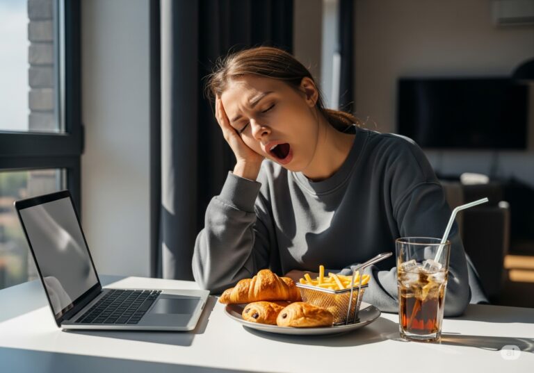 Tired woman at desk with unhealthy foods that cause daytime sleepiness