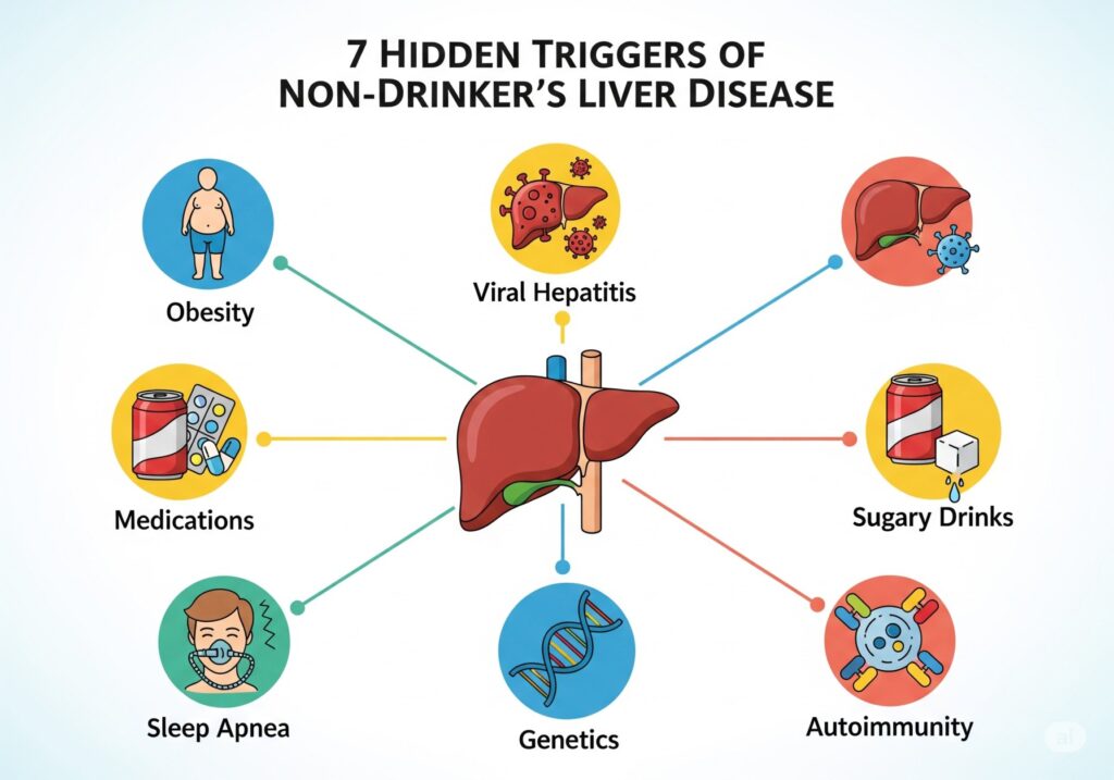 Seven hidden triggers of non-drinkers liver disease shown as infographic icons