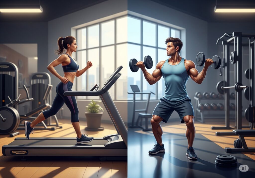 Featured image showing cardio vs strength training in a split-screen design