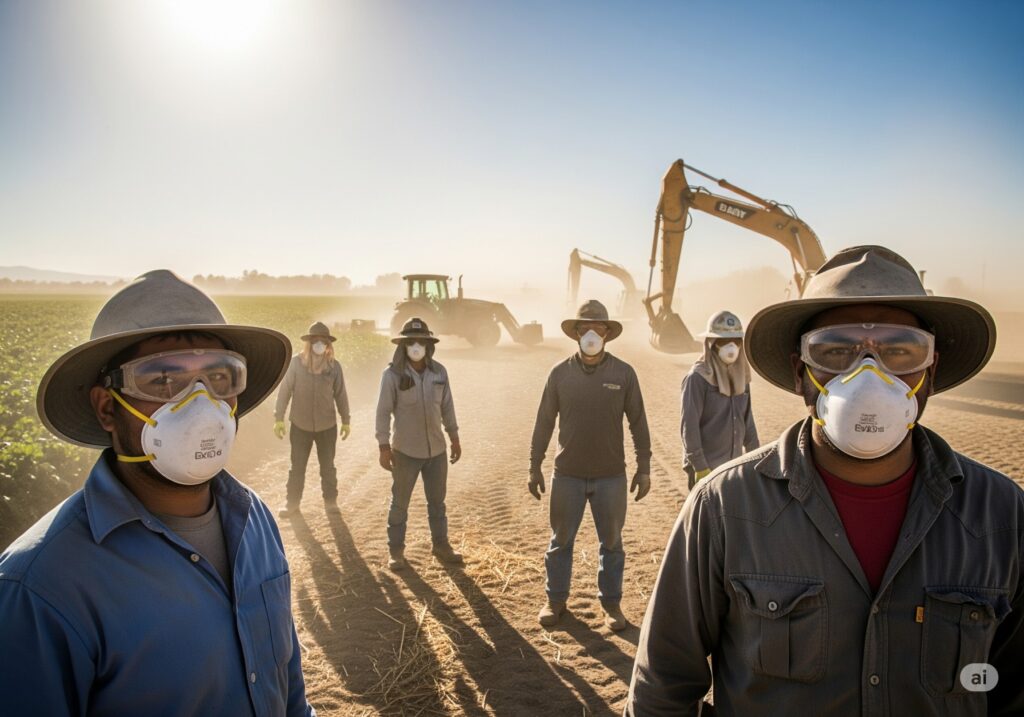 Valley fever California workers wearing N95 masks outdoors