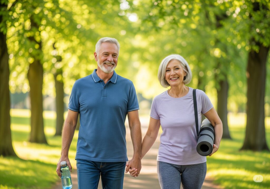 Elderly couple staying active to manage health challenges after 60