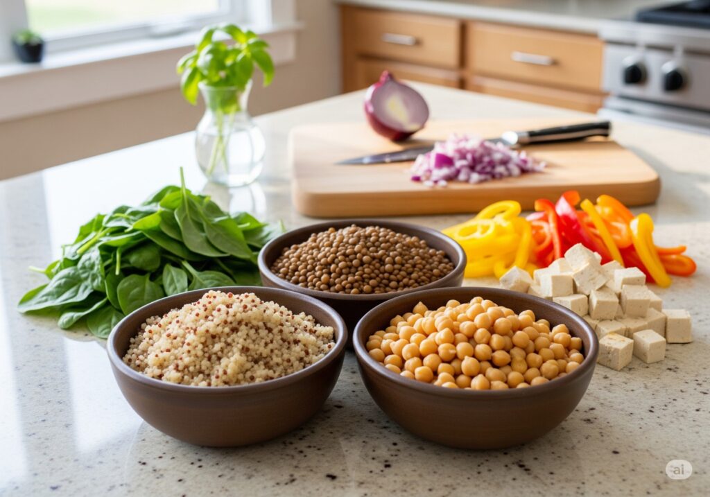 Vegan and vegetarian protein sources in bowls with fresh vegetables