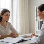 A woman and doctor discussing early puberty and childbirth health risks