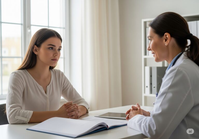 A woman and doctor discussing early puberty and childbirth health risks