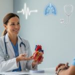 Cardiologist explaining early signs of heart disease to a patient.