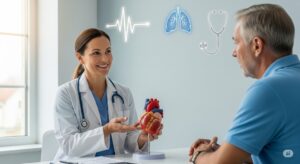 Cardiologist explaining early signs of heart disease to a patient.