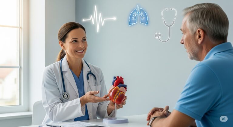 Cardiologist explaining early signs of heart disease to a patient.