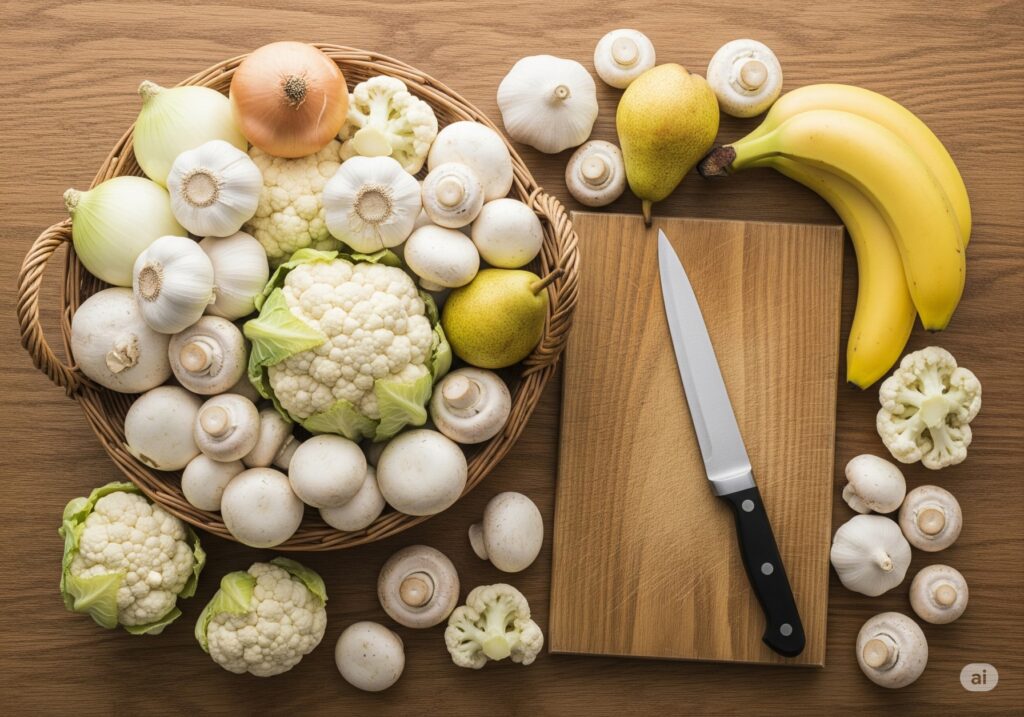 A rustic basket filled with white-fleshed fruits and vegetables for cancer prevention