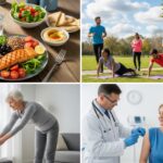 Illustration of diet, exercise, mobility, and vaccination as the recipe for longevity