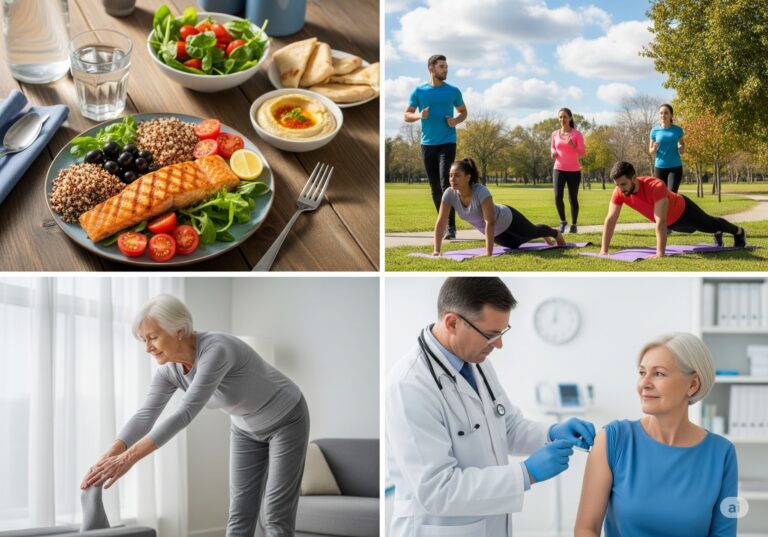 Illustration of diet, exercise, mobility, and vaccination as the recipe for longevity