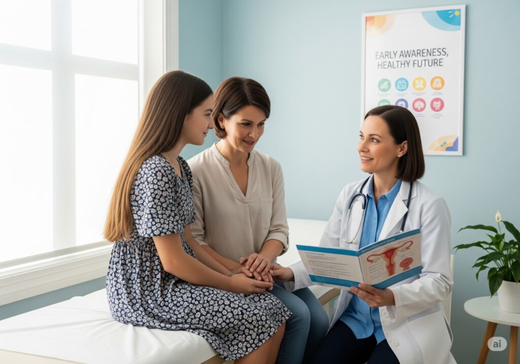 Teenage girl and mother learning about early puberty and childbirth health risks