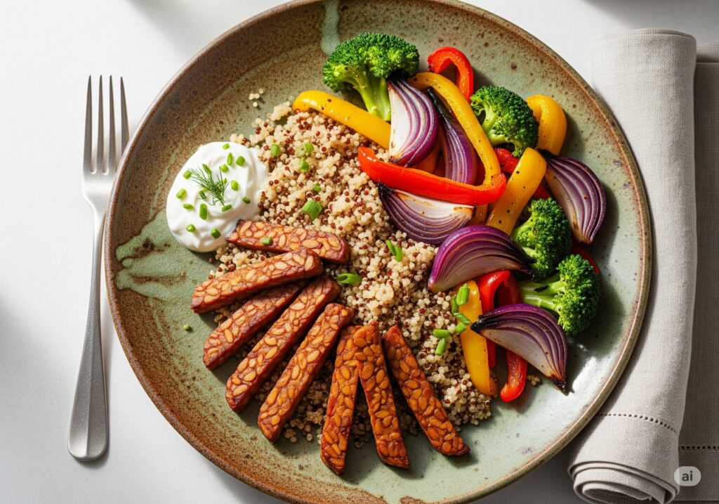 Vegan and vegetarian protein sources served in a balanced meal
