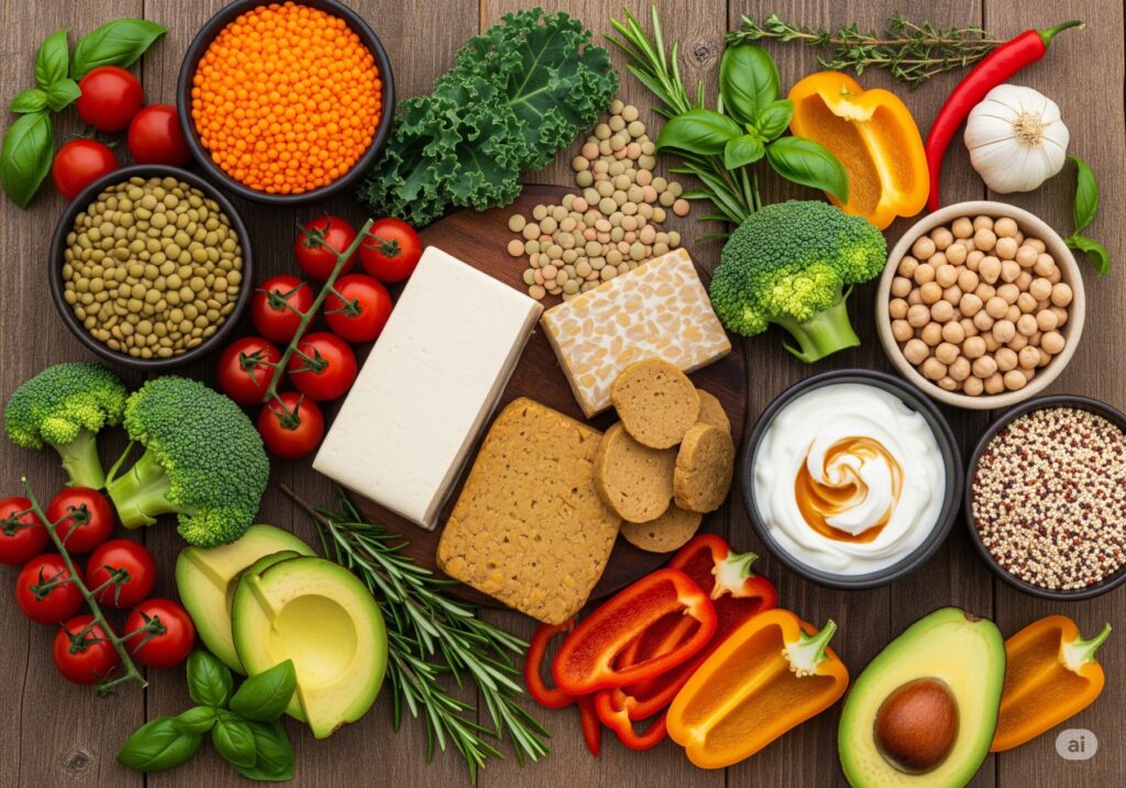 Vegan and vegetarian protein sources arranged on a wooden table