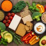Vegan and vegetarian protein sources arranged on a wooden table