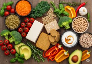 Vegan and vegetarian protein sources arranged on a wooden table