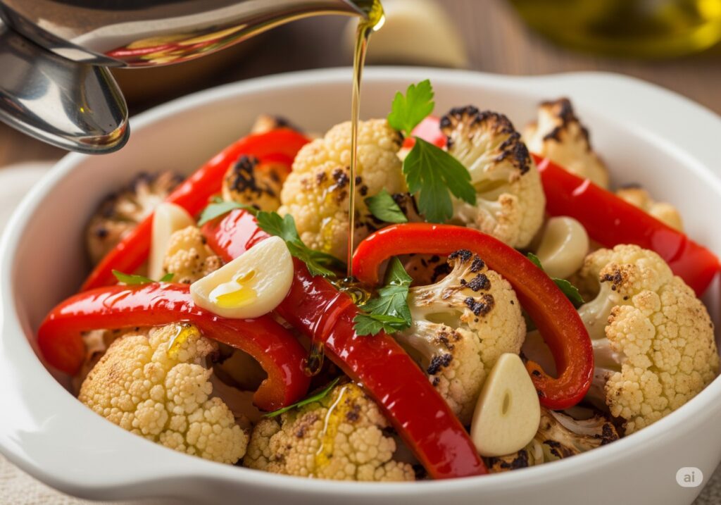 A healthy dish of roasted cauliflower and peppers as kidney-friendly foods
