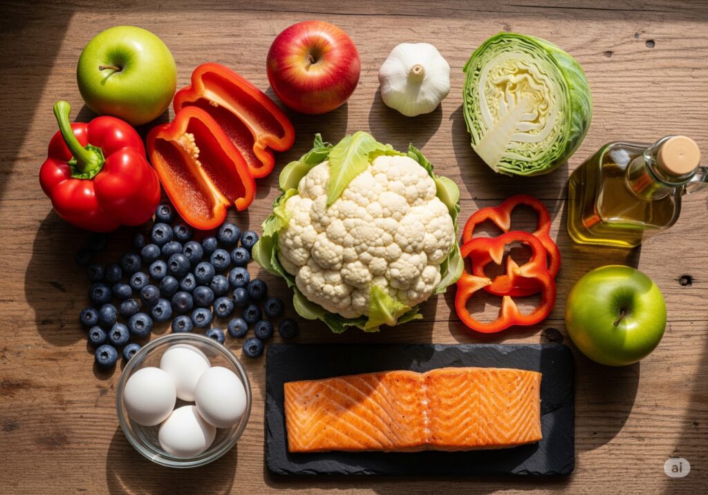 A colorful spread of kidney-friendly foods displayed on a wooden table