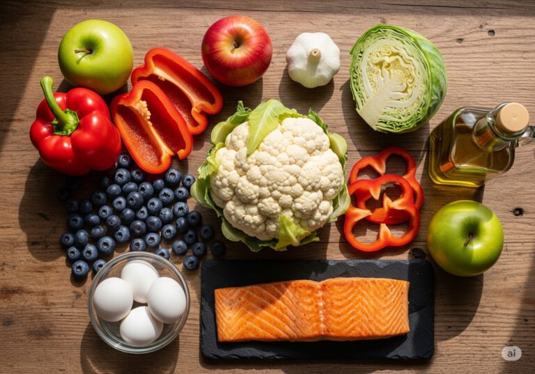 A colorful spread of kidney-friendly foods displayed on a wooden table