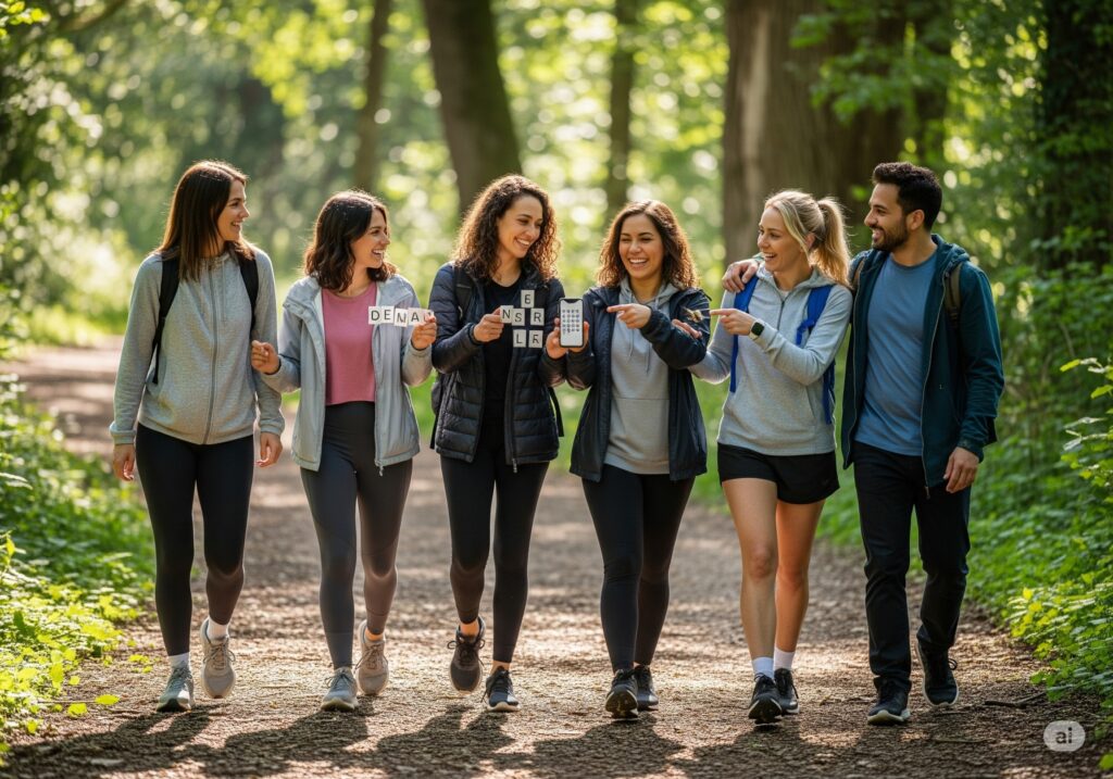 Group enjoying dual task exercise for memory on a walk