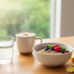 Healthy breakfast setup with warm water, spiced coffee, oatmeal, and fresh fruits for morning gut health habits