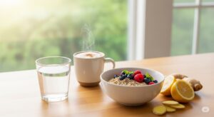 Healthy breakfast setup with warm water, spiced coffee, oatmeal, and fresh fruits for morning gut health habits