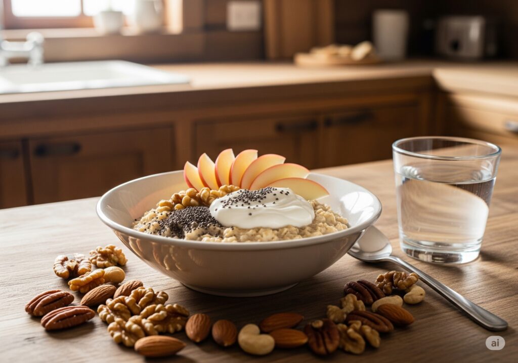 Healthy breakfast with oats and apples as foods that mimic ozempic