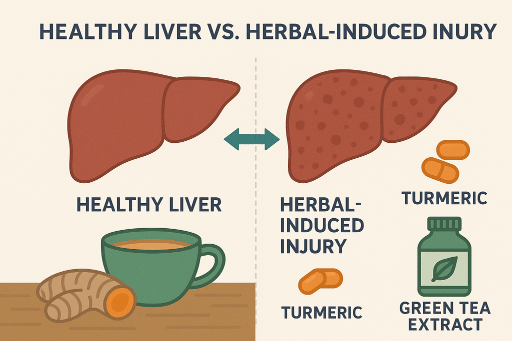 Herbal supplements liver risk showing healthy vs damaged liver