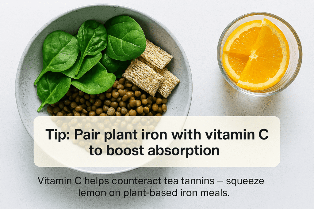 lentils and spinach next to orange slices 