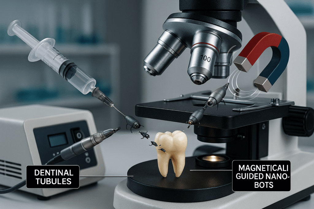 Magnetically guided nanobots being tested on extracted tooth in dental lab
