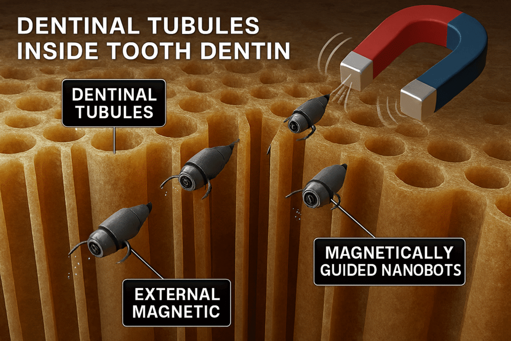 Magnetically guided nanobots moving through dentinal tubules under magnetic field