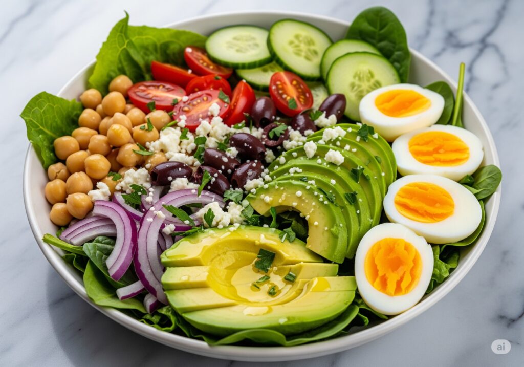 Mediterranean salad with chickpeas and avocado as foods that mimic ozempic